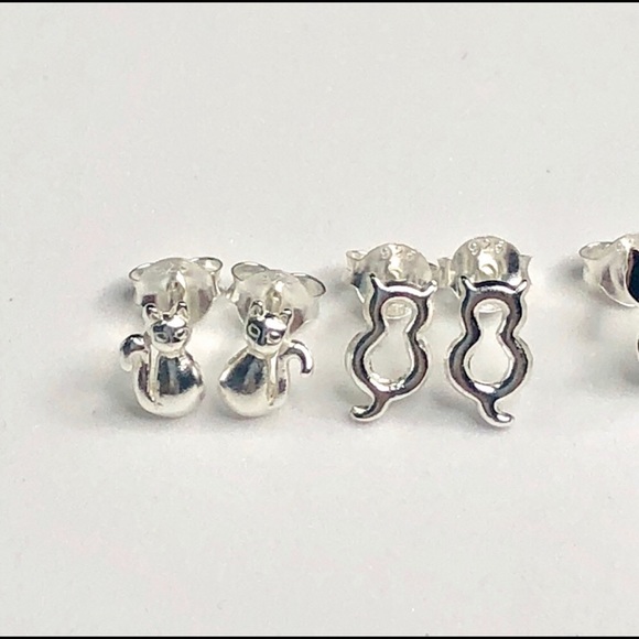 925 Sterling Silver Cat Earrings Set of 3 - Picture 7 of 8